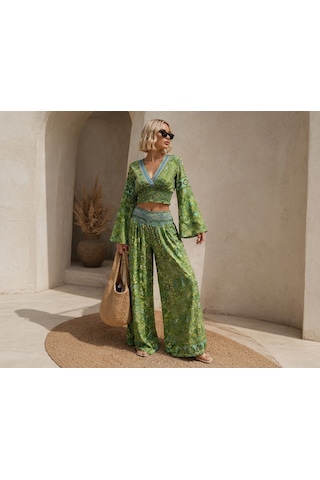 İbeeka Bohem Luxe Paisley Desen Gipeli Crop Akışkan Bol Paça Pantolon Takım Yeşil