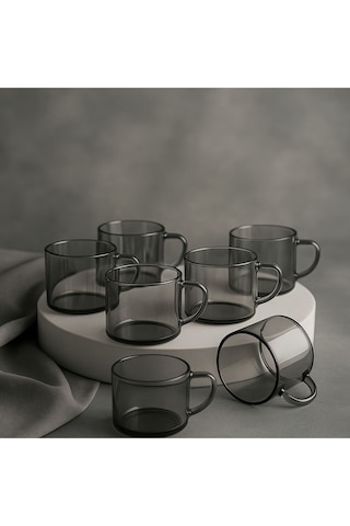 Alfafe Home 6 Lı Füme Cam Kupa Kahve Fincanı Isıya Dayanıklı, Minimal Tasarım, 120 Cc Gri