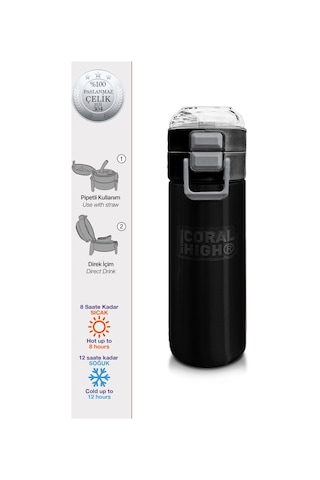 Coral High 500 Ml Paslanmaz Çelik Okul Termosu/suluk/matara - Erkek Çocuk - Siyah - Sızdırma Yapmaz Çok Renkli