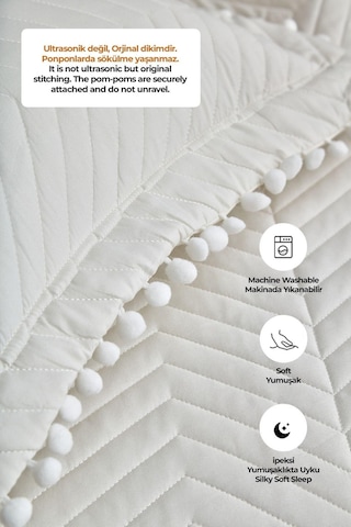 Evlen Home Ollie %100 Pamuk Yatak Örtüsü Pike Takımı Çift Kişilik Ponponlu Kapitone Günlük Krem Kırık Beyaz
