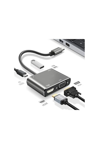 4 Ü 1 Arada Type-c To Hub Dönüştürücü Adaptör 4k Ultra Hd Hdmı & Vga Görüntü Aktarımı, Pd Hızlı Şarj Destekli, Usb Çoklayıcı 5570 Diğer