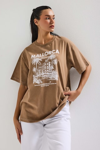 Itsbasic Kadın Kahve S6-16 Oversize Mallorca Baskılı %100 Koton T-shirt