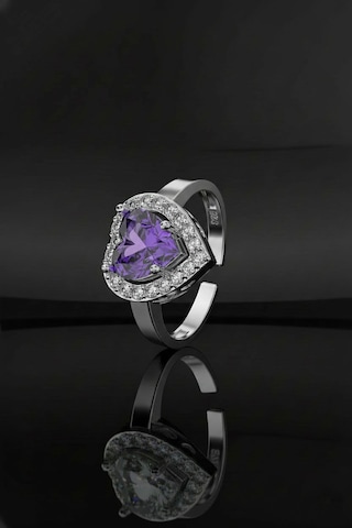 925 Ayar Ametist Taşlı Rodyum Pırlanta Işıltılı Kalp Ayarlanabilir Gümüş Yüzük Rr10030 Gümüş