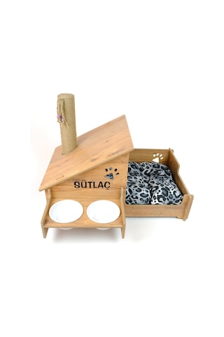 Realwood Ahşap Seramik Kaseli Tırmalama Çubuklu Açık Kapalı Kedi Evi