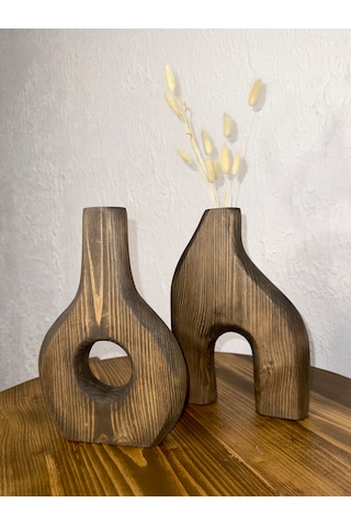 O&a Wood Doğal Ahşap Dekoratif İkili Takım Biblo Vazo Ceviz