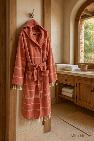 Kapüşonlu Kadın / Erkek Peştemal Bornoz Soft %100 Pamuklu Natural Kiremit