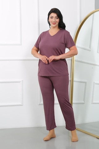 Akbeniz Kadın Büyük Beden Kısa Kol Penye Pijama Takımı Mürdüm 202405-mürdüm Mürdüm