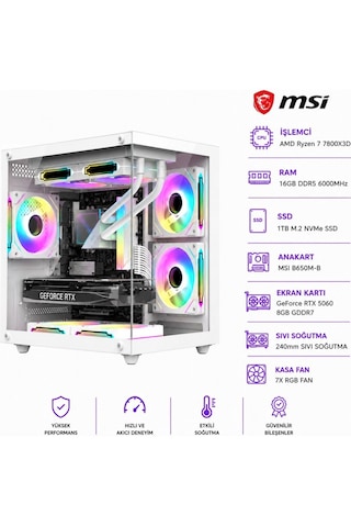 Apphirex ROSA X78 R7-7800X3D 16 GB 1 TB M.2 SSD 8 GB RTX5060 W11P Masaüstü Oyuncu Bilgisayarı Beyaz