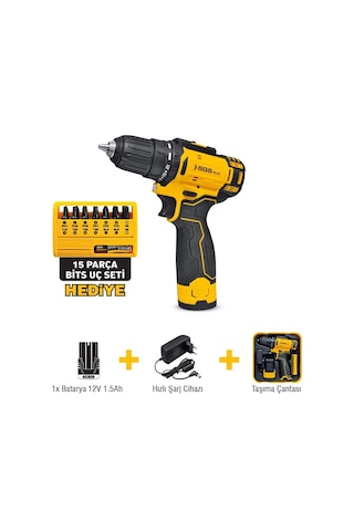 Sgs5147 - 12 Volt Akülü Vidalama Seti 1.5 Amper + 15 Parça Bits Uç Seti
