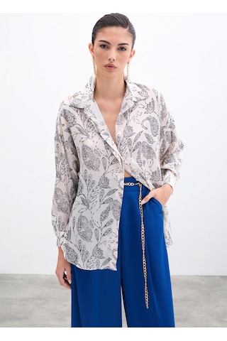 Sateen Desenli Saten Gömlek - Ekru-135962 Ekru