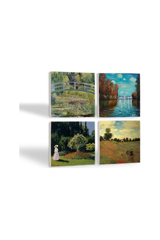 Claude Monet Sonbahar, Bahçedeki Kadın, Gelincikler, Nilüfer Gölü Taş Bardak Altlığı Seti - 4 Parça - Dekorati Çok Renkli