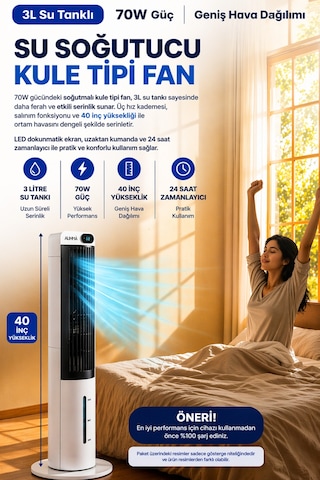 Exenar - Beyaz - Kule Tipi Soğutucu Fan Uzaktan Kumandalı Su Buharlı Soğutucu Vantilatör 70w-3l Su Tankı-led Ekranlı