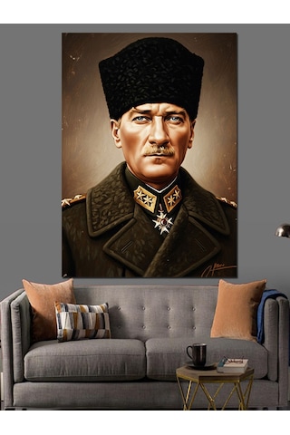 Askeri Kabanlı Mustafa Kemal Atatürk Dekoratif Kanvas - Mdf Ahşap Tablo