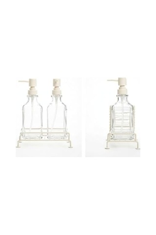 2&apos Li Standlı Kare Cam Sabunluk Seti 2 X 500 Ml Ferforje Metal Standlı Siyah & Krem Renk Seçeneği Sünger/fırça Bölmeli Mutfak Ve Banyo Düzenleyici Krem 000 Açık Krem