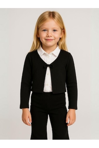 Kız Çocuk Mevsimlik Örme Bağlamalı Hırka-16070 Siyah