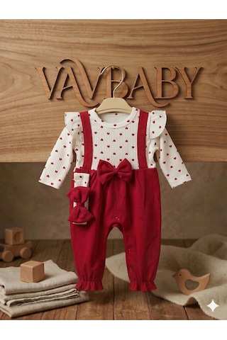 Kız Bebek Kalp Desenli Fırfırlı Body Ve Kırmızı Fiyonklu Salopet Tulum Ve Bandana Seti Çok Renkli