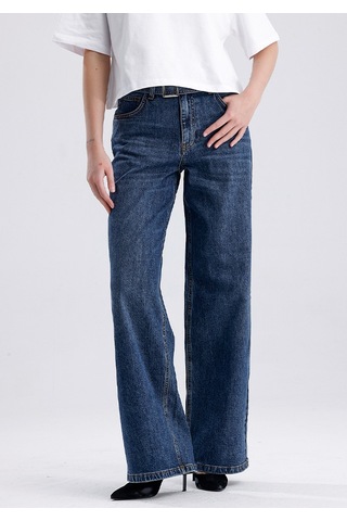 Sophia 308 Normal Kemerli Bel Koyu Mavi Wide Leg Jeans Kadın Koyu Mavi