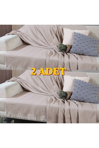 170 210 Cm Pamuklu Önden Saçaklı 170x210 Koltuk Örtüsü 2'li Paket Açık Bej