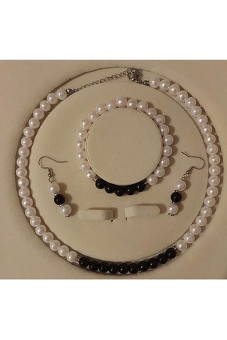 Siyah&beyaz İnci Set, A Kalite Boncuk İnci Paslanmaz Çelik Kolye, Bileklik Ve Küpe Takımı Multi Tek Ebat Çok Renkli