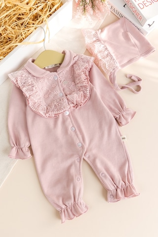 Babymod Güpürlü Şapkalı Bebe Yakalı 100% Pamuk Kız Bebek Tulum Gülkurusu