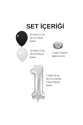 2 Yaş Siyah Beyaz Taraftar Temalı Doğum Günü Seti Siyah Beyaz Balonlar Gümüş Folyo Rakam Siyah