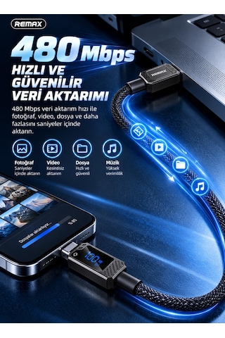 Remax Suxien Rc-c069 100w Pd Dijital Ekranlı Type-c To Type-c Hızlı Şarj Ve Data Kablosu 1.2 Metre Siyah