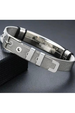 Tamamı Saf Çelik Silver Kemer Kordonlu Sade Çelik Bileklik 23cm Gümüş