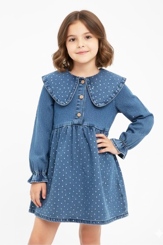 Kız Çocuk Taş Süslemeli Ve 3 Düğme Kapatmalı Jean Elbise 12444 İndigo