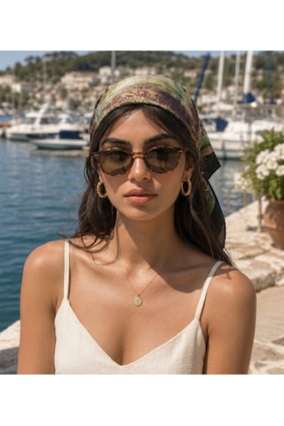 Trend Dokunuş Kadın 50-50 Saten Yeşil Desenli Fular Bandana Koyu Yeşil
