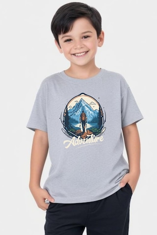 Panios Kids Adventure Baskılı Erkek Çocuk Yuvarlak Yaka Kısa Kollu T-shirt Gri