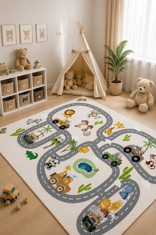 STY Home Safari Beyaz Çocuk Oyun Halısı Kaymaz Makinede Yıkanabilir Eğitici Bebek Ve Çocuk Odası Halısı Oyun66