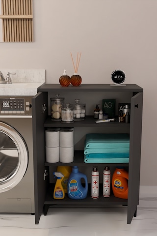Çok Amaçlı Banyo & Çamaşır Odası Dolabı, Ayarlanabilir Raflı, Kapaklı Modern Banyo Dolabı Antrasit