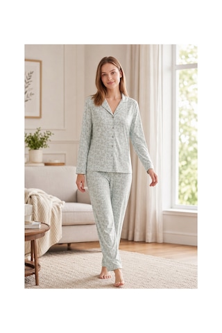 Flz Kadın Kışlık Viskon Pijama Takımı M L Xl Xxl Uzun Kollu Boydan Düğmeli Şık Ev Giyim 89-164 Mint