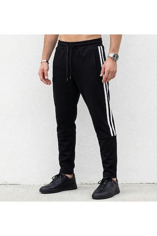 Plus Scorpion Erkek Slim Fit Pamuklu Eşofman Altı Yan Şerit Detaylı Günlük Siyah