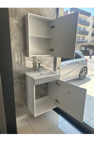 Banyo Dolabı Aynalı Cnc İşlemeli Membran Kapaklı 55 Cm Gri