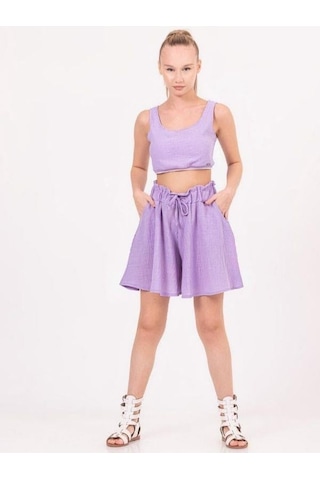 Kız Çocuk Keten Kısa Crop Bluz-13938-lila Lila
