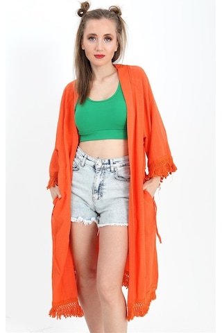 Kimono Palmiye Baskılı Püsküllü - Turuncu-turuncu Turuncu