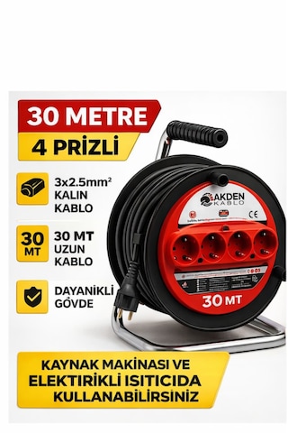 Kablo 30 Metre 3x2,5mm Makaralı Uzatma Kablosu Tam Kesit Kaynak Makinası Kullanıma Uygundur 30 M