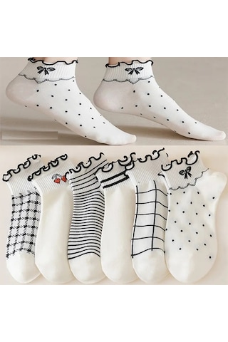 Shopiolog Sevimli Marul Desenli Bilek Çorabı 6'lı Paket Siyah - Beyaz