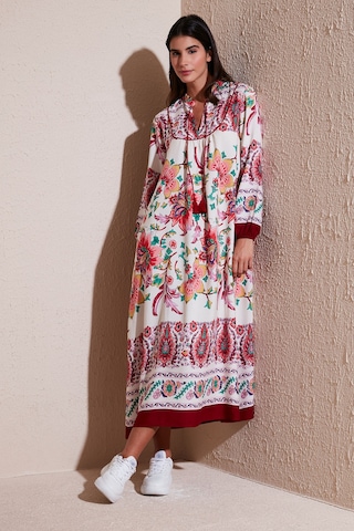 Lela Modest Desenli Regular Fit Bağlamalı V Yaka Maxi Bayan Elbise 611El510 Bordo