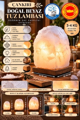 Çankırı 3-4 Kg Beyaz Doğal Kaya Tuzu Lambası Ahşap Kaideli Dekoratif Lamba