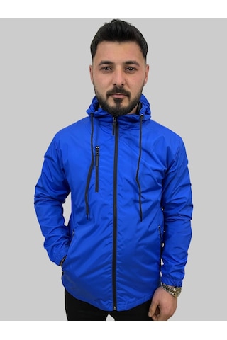Erkek Kapüşonlu File Detaylı Saks Mavisi Yağmurluk Saks Mavisi Saks