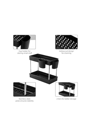 Leezsing Lavabo Altı Düzenleyici Lavabo Altı Raf Rafı 2 Katlı Lavabo Altı Depolama 2 Bardak Tutucu Depolama Rafı Banyo Mutfak İçin Siyah