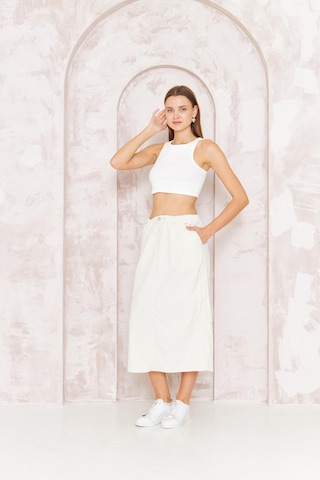 Kadın Ekru Paraşüt Etek Midi Cep Detaylı Beli Lastikli Stoperli Dm2036 Ekru