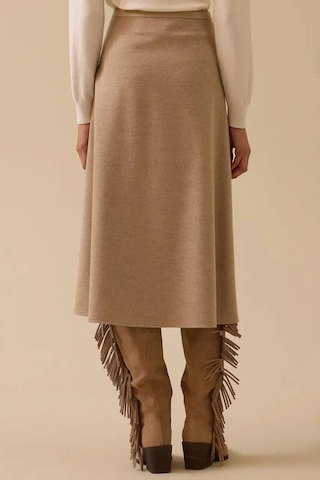 Kadın Suni Deri Biyeli Midi Etek - Bej Vizon