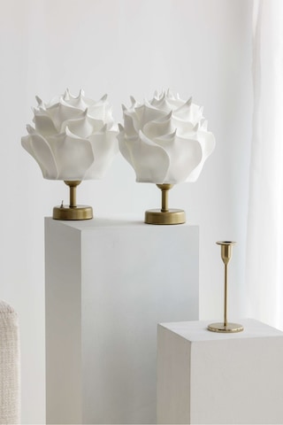 2'li Dekor Yapay Eva Gül Kablosuz Masa Lambası Üst Beyaz-alt Eskitme Gold 9v Kare Pil 2 Adet