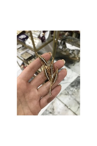 Yaprak Model Kahverengi Taş Detaylı Broş Siyah