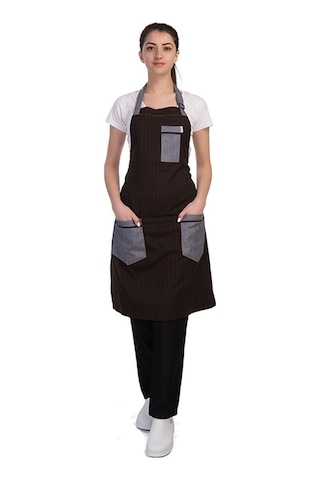 Barista Chef Cafe Aşçı Boydan Önlük Turkuaz Çizgili Kot Cepli