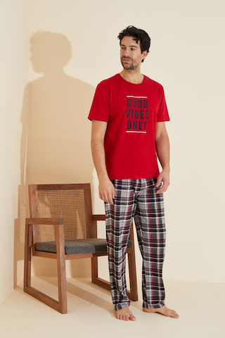 Siyah İnci Bisiklet Yaka Baskılı Örme Pijama Takım 25109828 Kırmızı