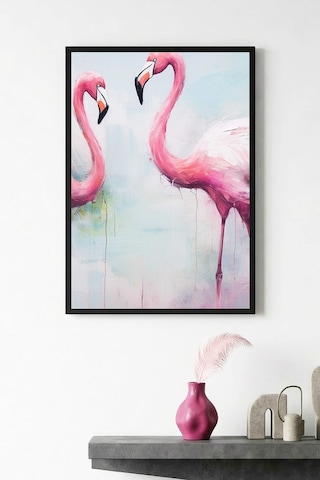 Doğal Ahşap Çerçeveli Flamingo Desenli Tablo - Pastel Tonlar Huhu1303